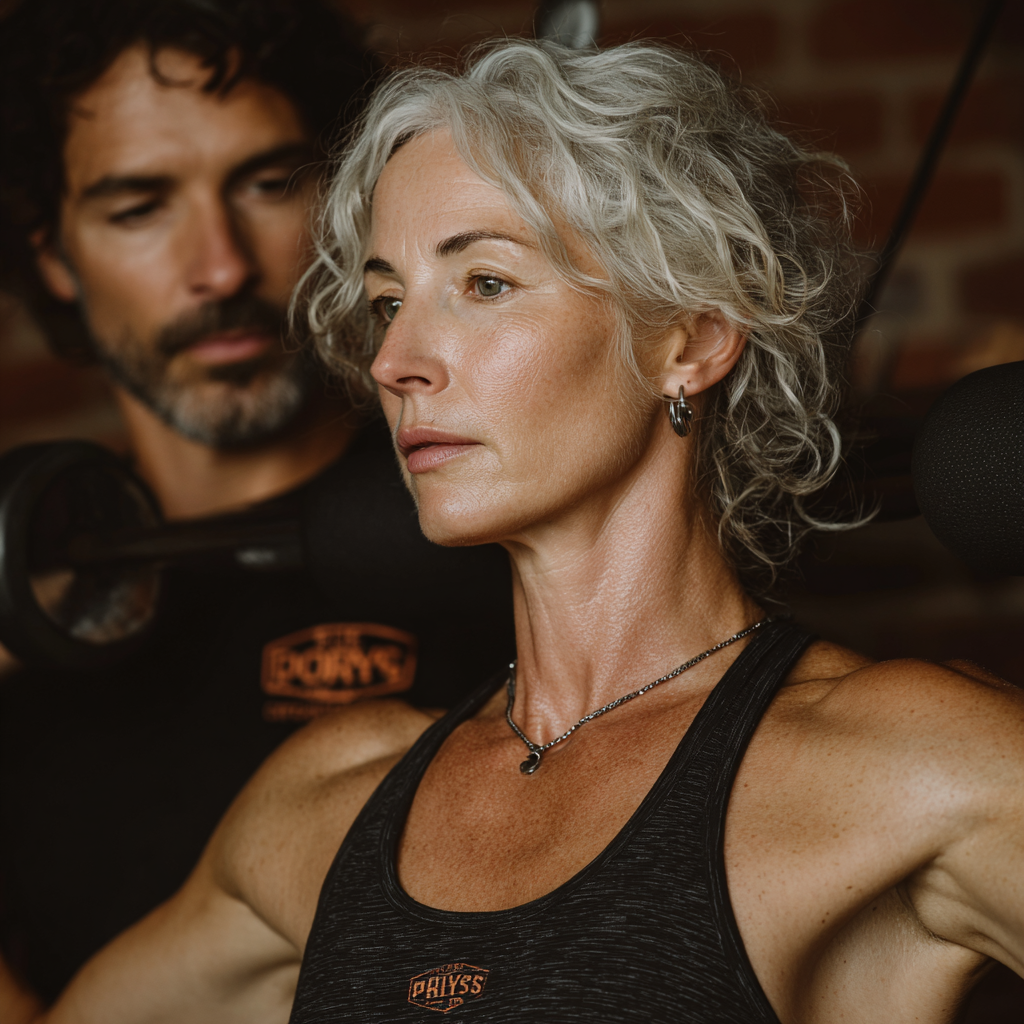 Femeie în vârstă de 58 de ani lucrând cu antrenor personal, executând exerciții personalizate într-un mediu profesional de fitness