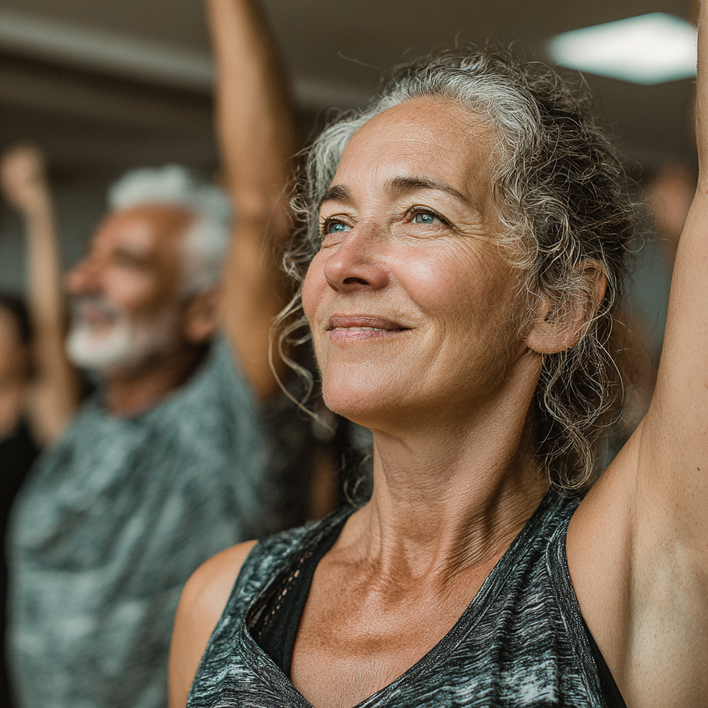 Grup de adulți între 50-60 de ani participând la o clasă de fitness în grup, atmosferă prietenoasă și motivantă